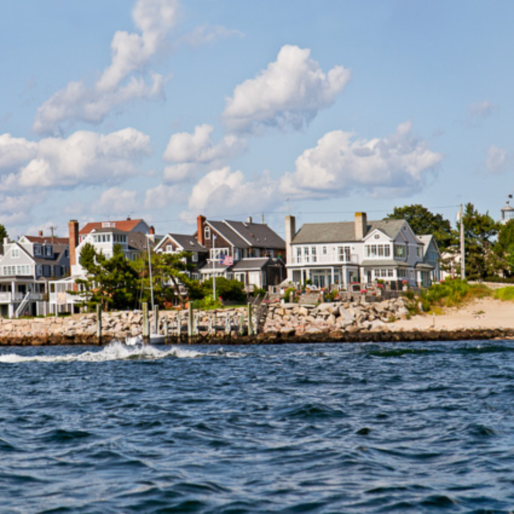 Stonington Point to the Commons west shore Plus harbor with sailboats and powerboat
